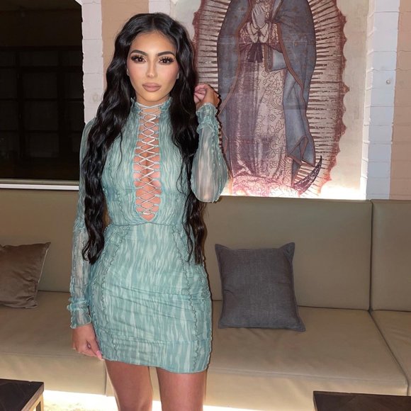 House of CB 'Dylan' Green Colour Ivy Printed Mesh Lace Up Mini Dress - Picture 7 of 14